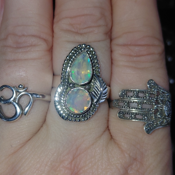 Ethiopian Opal Teardrop & Round Cut Sterling Silver Statement Ring - Picture 12 of 16